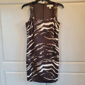 Michael Kors Brown & White Zebra Print Belt Buckle Strap Dress